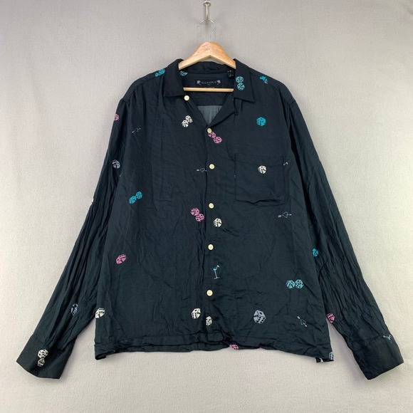 AllSaints Other - AllSaints Shirt Mens XXL Black Dice Print Long Sleeve Loop Collar Viscose Retro